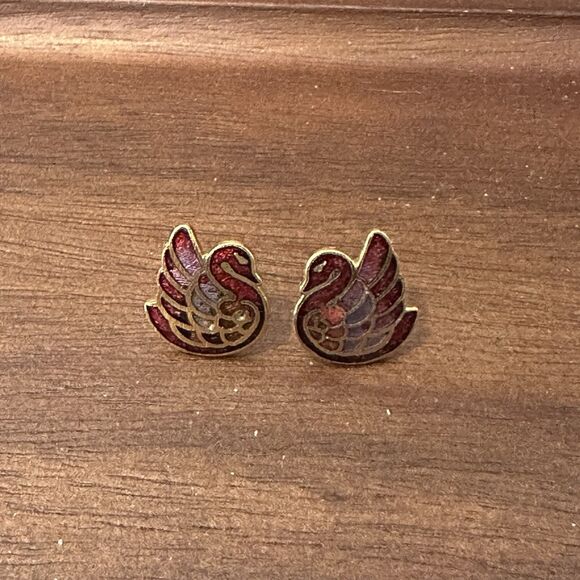 Vintage Cloisonne Enamel Swan Pierced Earrings Bird Dainty Multicolored Red Gold - Picture 1 of 5